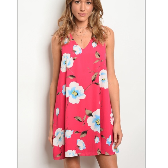 Peach Love California Dresses & Skirts - Bold Fuchsia Floral V Neck Dress